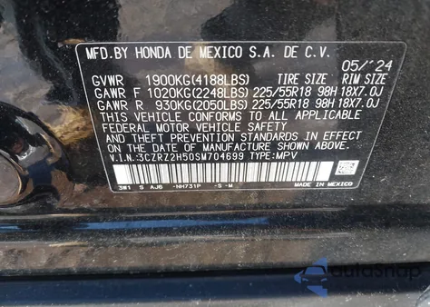 2025 Honda Hr-V Awd Sport z USA, uszkodzony, nr VIN 3CZRZ2H50SM704699